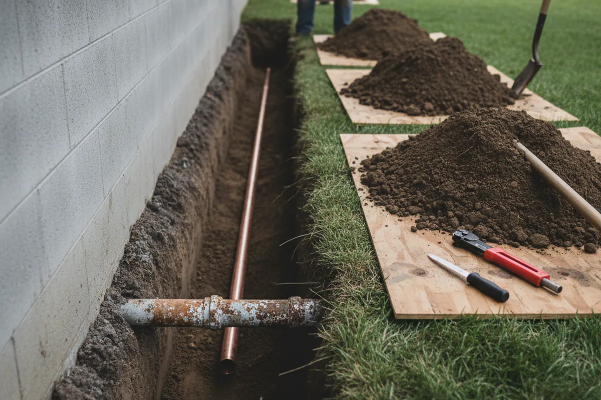 Excavated water line trench during Water Heater Repair in Mineola
